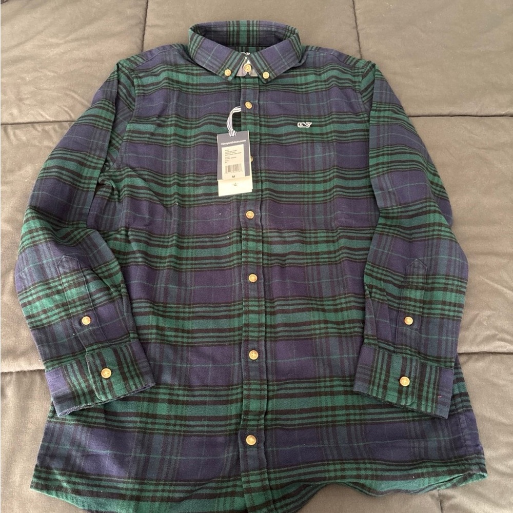 Vineyard Vines Navy and Forest Plaid Shirt